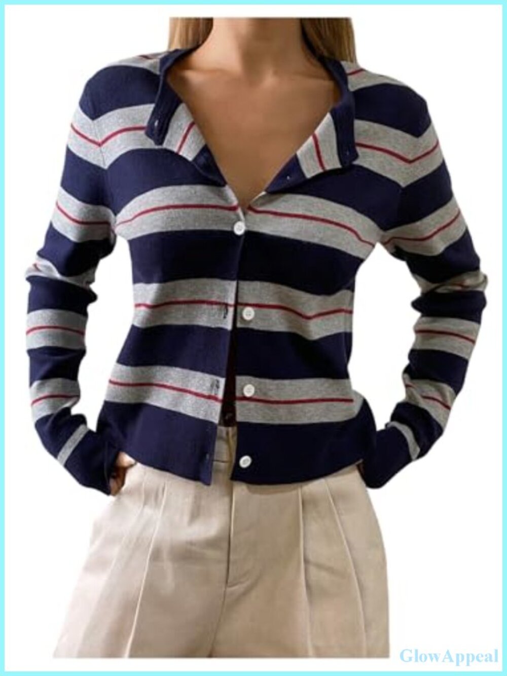 Striped Preppy Cardigan Crew Neck Button Down Knit Sweater Long Sleeve Fall Top